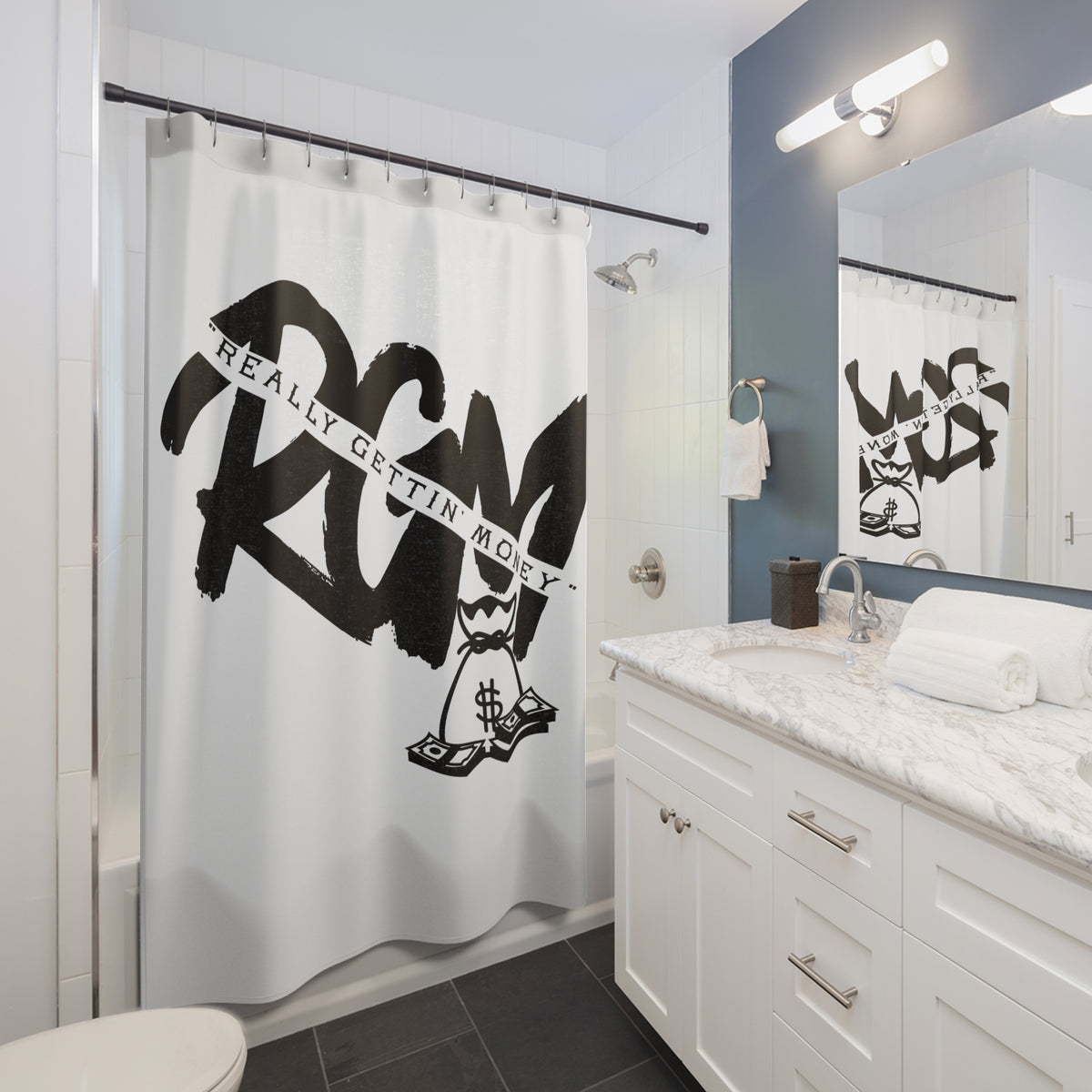Money Vibes Shower Curtain – “Really Gettin’ Money” Graphic Bathroom Decor